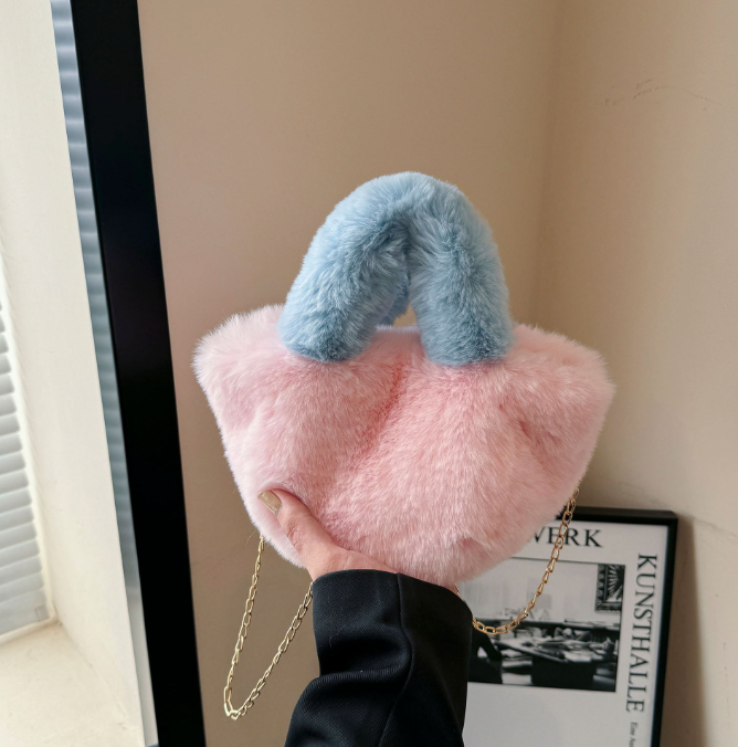 Cute Plush Designer Mini Bucket Handbag Candy Color Fluffy Faux Fur Girl Purse