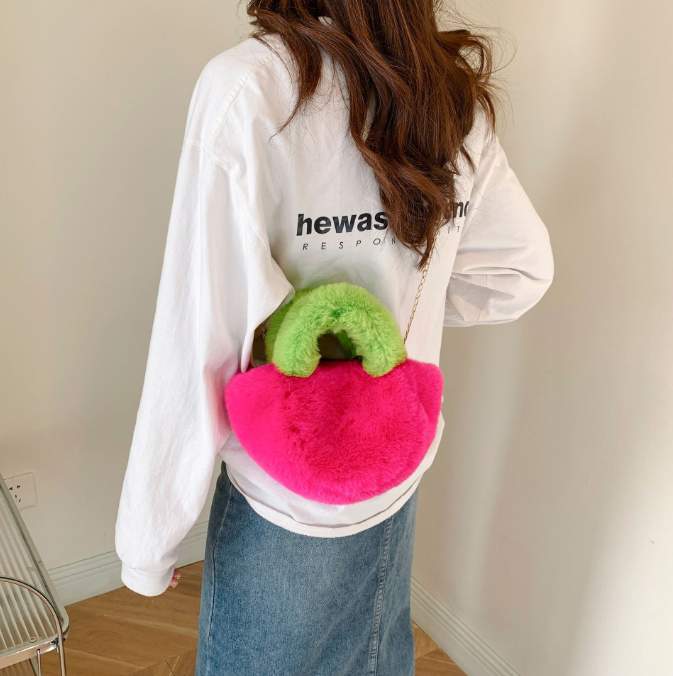 Cute Plush Designer Mini Bucket Handbag Candy Color Fluffy Faux Fur Girl Purse