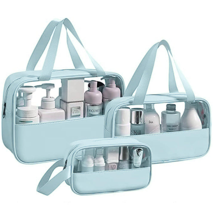 Travel Toiletry Pouch for Women & Men, Portable Cosmetic Organizer Bag for Full-Sized Shampoo, Brushes Set, (Blue, 3 pcs Set)
