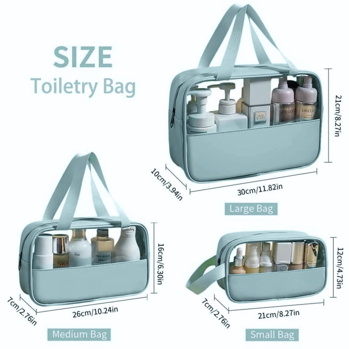 Travel Toiletry Pouch for Women & Men, Portable Cosmetic Organizer Bag for Full-Sized Shampoo, Brushes Set, (Blue, 3 pcs Set)